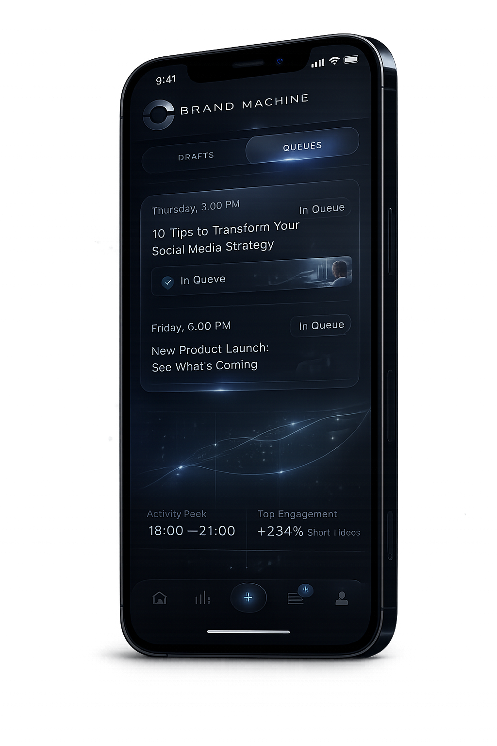 Brand Machine app showing scheduled posts and activity insights